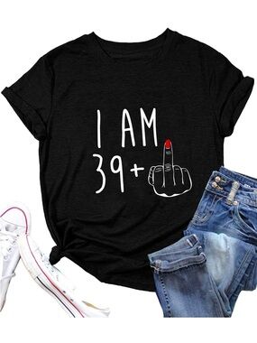 40th Birthday shirt Black Graphic Tee "I AM 39+" with Red Nail Accent